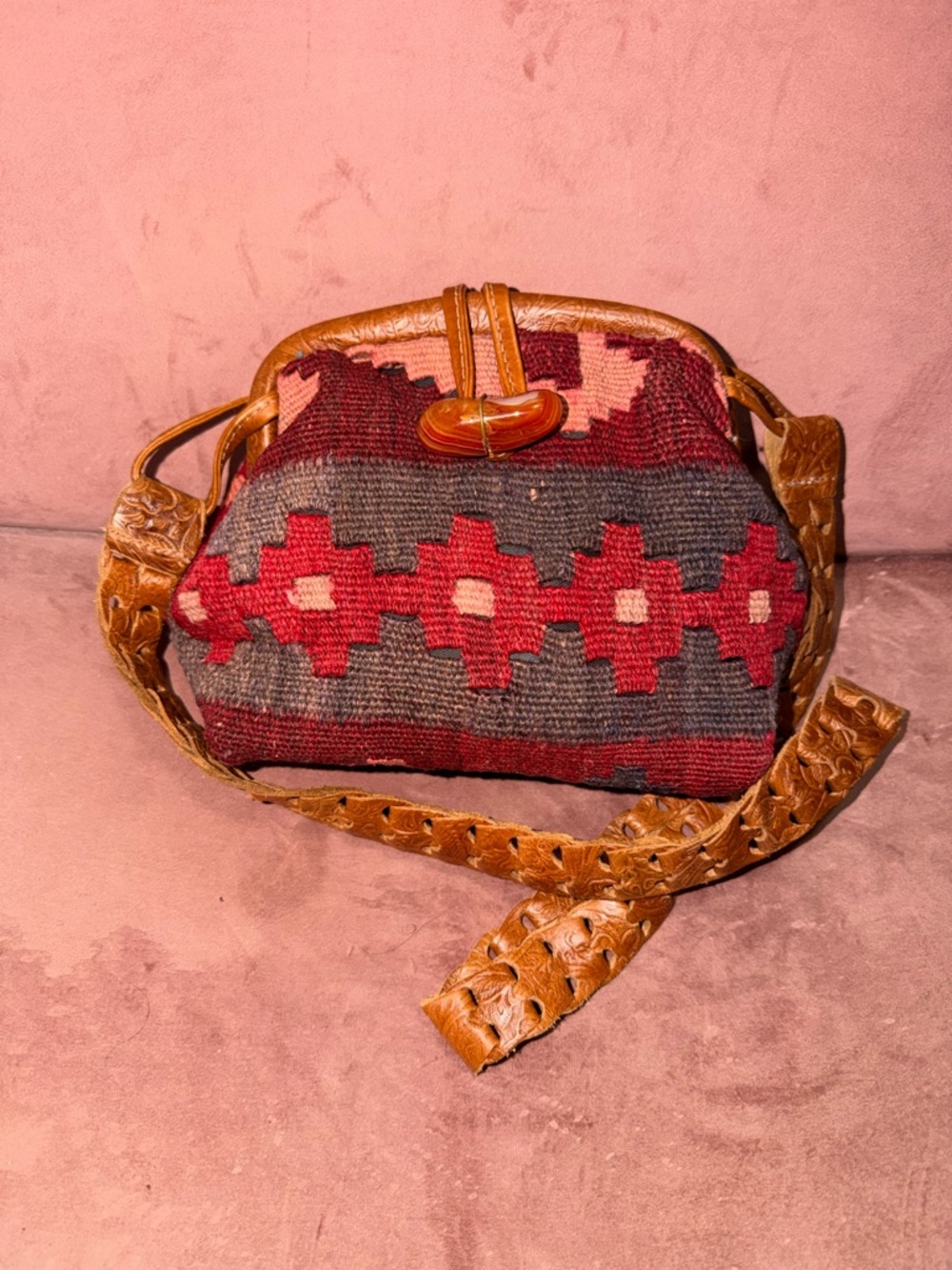 Artisan Red & Brown Kilim Crossbody Bag with Textured Leather Strap